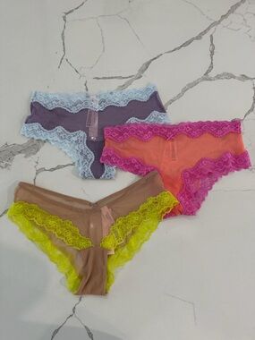 NWT Victoria’s Secret  Tease Mesh Lace Trim Cheeky Panty set of 3 size S